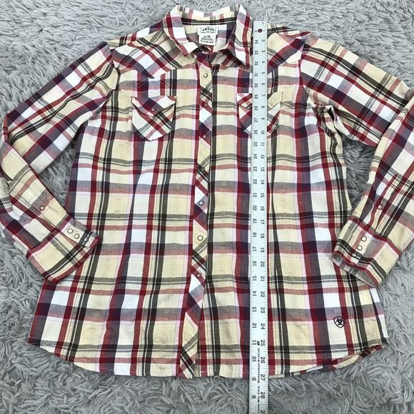 Ariat Western Shirt Snap Down Plaid Long Sleeve Rodeo L Red Yellow‎ Metallic - Picture 7 of 8